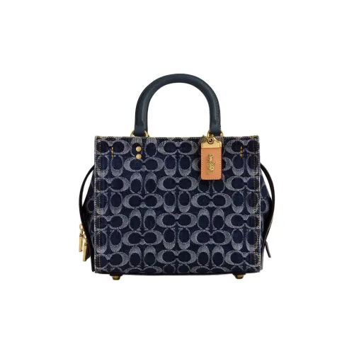 COACH Rogue Деним с Перчаточная дубленая кожа Сумка через плечо Сумка Средний Женские Синий