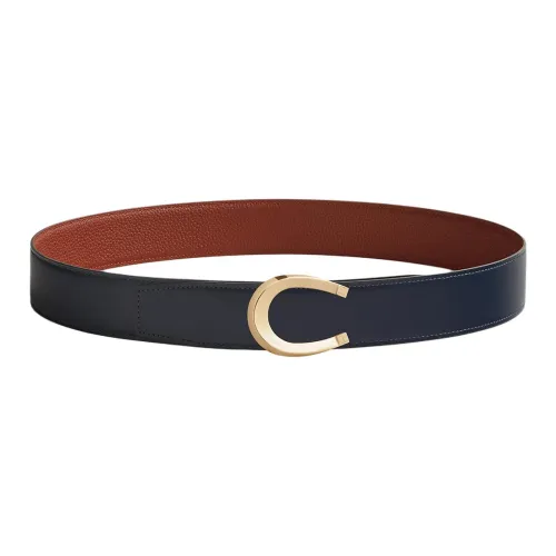 HERMES Лошадь Shoe Пряжка Плавная пряжка Кожаные ремни Мужской Морской синий Коричневый Ширина 3,8 см