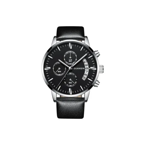 GUANQIN Тройной Eye Многофункциональный DS19053.BHH Кварцевый механизм Естественная кожа Ремешок Часы Мужские Черный циферблат