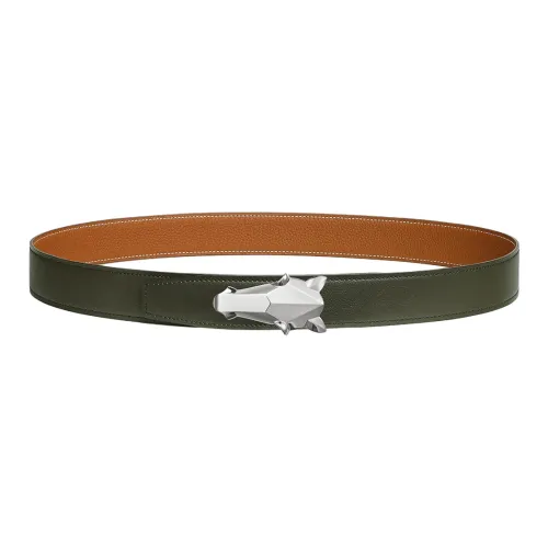 HERMES Horsehead Узор с Пряжкой Плавная Пряжка Кожаные Ремни Мужской Зеленый Коричневый Ширина 3,2 см