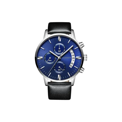 GUANQIN Тройной Eye Многофункциональный DS19053.BLH Кварцевый механизм Естественная кожа Ремешок Часы Мужские Часы Синий циферблат