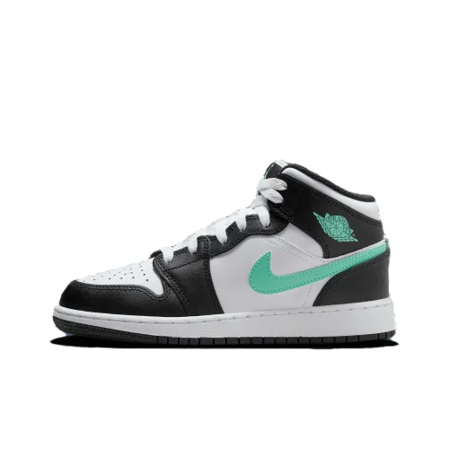 Jordan Air Jordan 1 MID Амортизация Износостойкий Высокий Топ Винтажные Баскетбольные Кроссовки Белый Черный Зеленый Детский