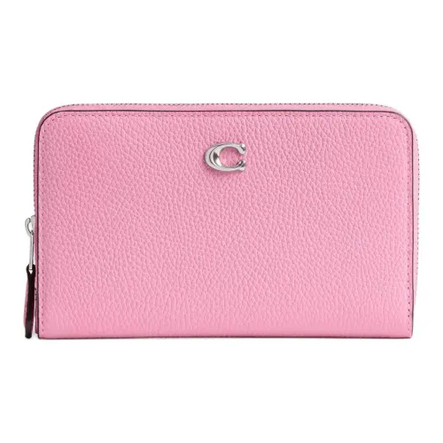 COACH Zip Around Полированный Галька Кожа Кошелек Маленький Женский Серебряный и Ярко-розовый