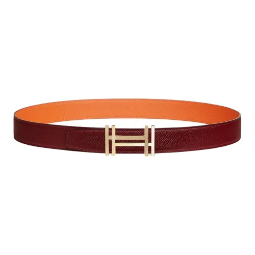 HERMES Double H Buckle Smooth Clasp Leather Belts Men's Red Orange Width 3,2cm