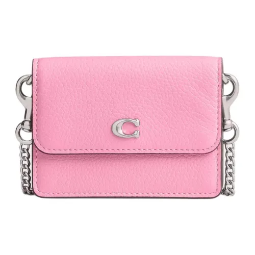 COACH Flap Card Case Кожа Сумка через плечо Картхолдер Мини Женская Серебряный Ярко-розовый