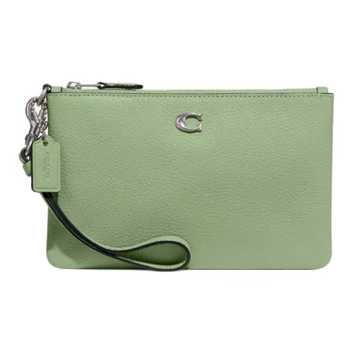 COACH Wristlet GRAIN LEATHER Запястье Сумка Клатч Маленький Женские Серебристый Свет Фисташковый