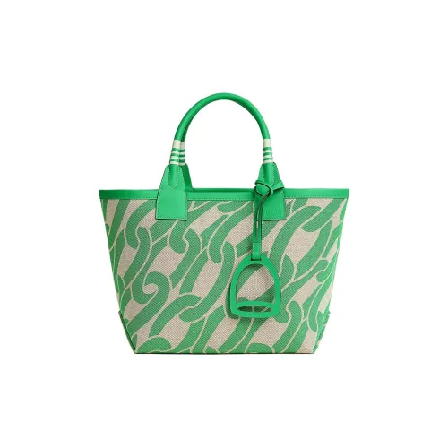 HERMES Steeple H Plume Холст Swift Телячья кожа Тоут Сумка Сумка для покупок Сумка Женская Комикс Зеленый и Бежевый Цвет