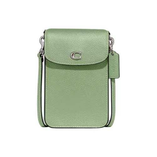 COACH Полированный Галька Кожа Чехол для телефона Сумка через плечо Мини Women's Silver Свет Фисташковый