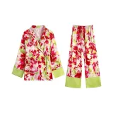 Красный, зеленый, цветочный, отложной воротник