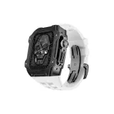 Чёрный корпус, белый ремешок.