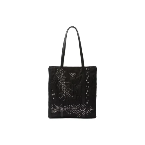 PRADA Нейлон Пэчворк Вышивка Сумка-тоут Сумка для покупок Сумка через плечо Сумка среднего размера Женская Черная