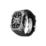 Чёрный корпус, серебряный bezel, чёрный ремешок.