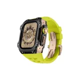 Розовый корпус, черный bezel, горчично-зеленый ремешок