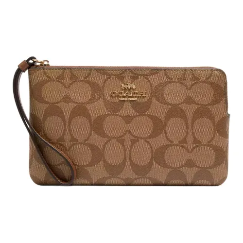 COACH Corner Zip Покрытый холст с переработанной кожей Клатч Кошелек Маленький Женский Золотой Хаки