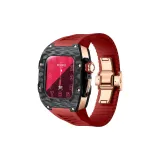 Розово-золотой корпус, красный ремешок.