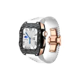 Розово-золотой корпус, белый ремешок.