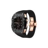 Розово-золотой корпус, черный ремешок.