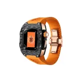 Розово-золотой корпус, оранжевый ремешок.