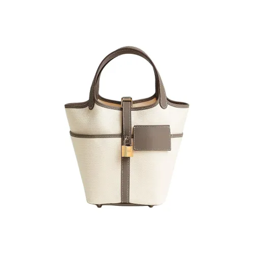 HERMES Picotin Lock Goeland Холст And Swift Телячья кожа Корзинка Сумка Сумка Unisex Light Бежевый Слоновой серый