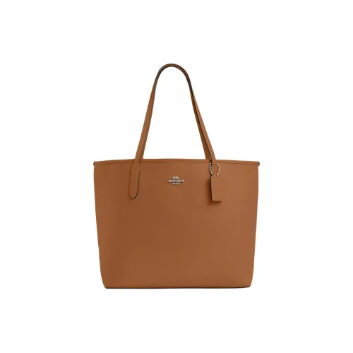 COACH Городская Двойная Сторонняя Кожаная Сумка-Тот Сумка для покупок Сумка через плечо Большая Сумка Женская Серебряная с Светлым Седлом