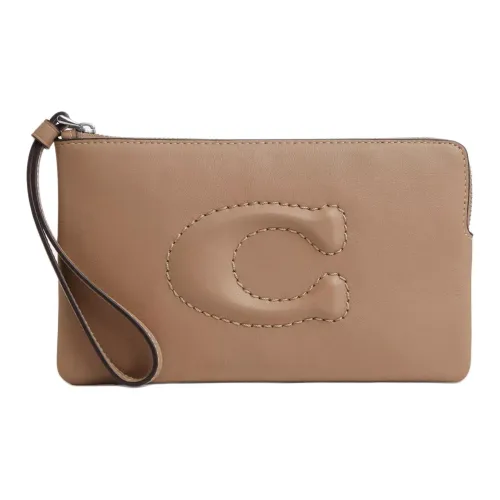 COACH Wristlet Гладкая кожа Клатч Маленький Женский Серебряный и Тауповый