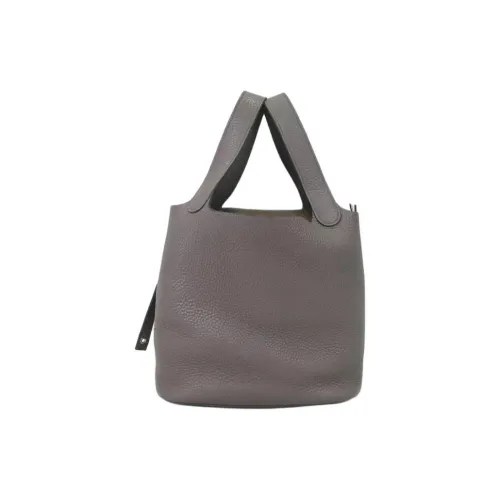 HERMES Picotin Lock Clemence Bullock Кожа Корзина Сумка Ведрообразная Сумка Женская Сумка 8F Gris Étain Олово-Серый