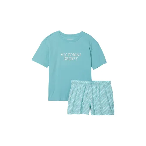 Victoria's Secret Хлопок Короткий Tee Jama Набор Фонтан Синий Комплект Пижамы Женские Макарон Синий