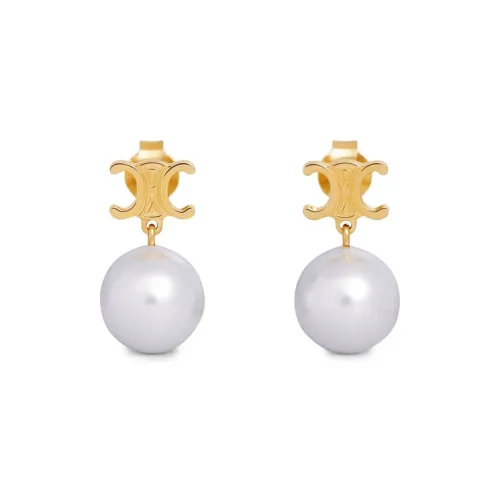 CELINE Pearl Brass Glass Earrings Women's Gold