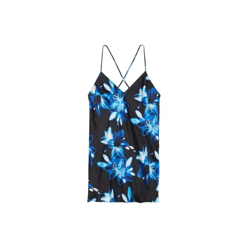 Victoria's Secret Сатин Открытая спина Ночная сорочка Женская Черная подошва С синим цветочным принтом