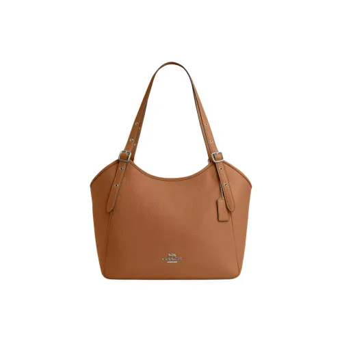 COACH Галечная кожа Тоут Сумка Сумка для покупок Сумка Сумка через плечо Большая Женская серебряная с Светлым седлом