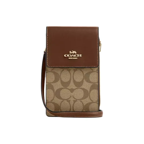 COACH N S Холст с покрытием и гладкая кожа Сумка через плечо Чехол для телефона Мини Женские Золотой Хаки Saddles