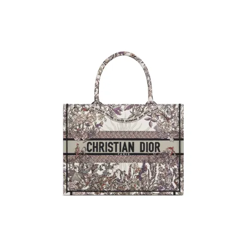 DIOR BookTote Вышивка Тоут Сумка Сумка для покупок Сумка среднего размера Женская Бежевая и Многоцветная