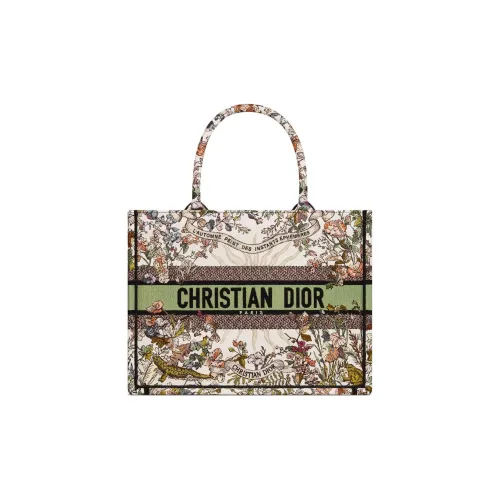 DIOR BookTote Вышивка Тоут Сумка Сумка для покупок Сумка среднего размера Женская Бежевая и Многоцветная