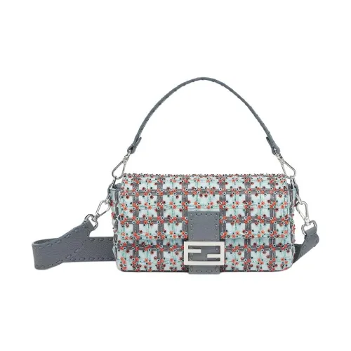 FENDI Baguette Хлопок Портативный Сумка через плечо Сумка на плечо Средняя Женская Светло-синяя и Многоцветная