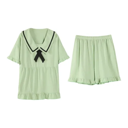 OEING Зеленая Короткая Рубашка с Рукавами + Шорты Женские Пижамные Комплекты