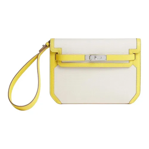 HERMES Kelly Depeches Goeland Ткань с Evercolor Телячья кожа Клатч Мужской Белый Оранжевый