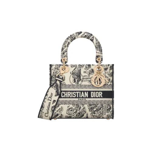 DIOR LADY D Лайт Вышивка Сумка Lady Dior Сумка через плечо Сумка среднего размера Женская Бежевая и Морская Синяя