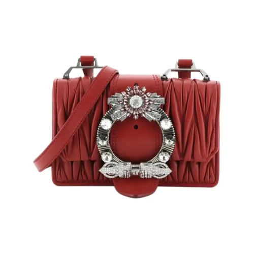 MIU MIU Rhinestone Leather Insert Crossbody Bag Small Women's Red MIU MIU Стразы Кожа Вставка Сумка через плечо Маленькая Женская Красная
