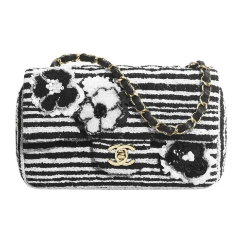 CHANEL Вышивка Хлопок Фетр с Блестками Сумка через плечо Мини Женская Черный Белый