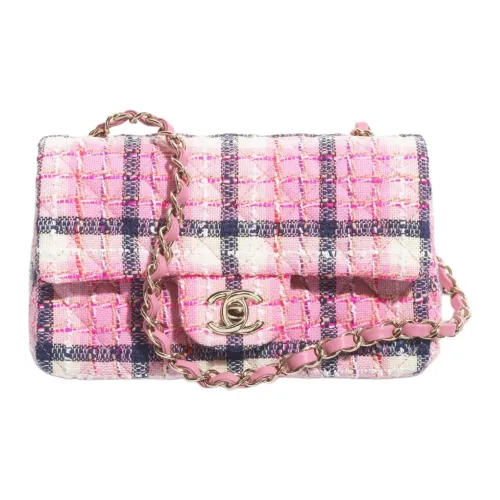 CHANEL Шерсть и Хлопок Клетчатая Клетка Портативная Сумка через плечо Сумка на плечо Женская Розовая и Морская Синяя и Белая
