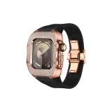 Розово-золотой корпус, черный ремешок.