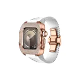 Розово-золотой корпус, белый ремешок.