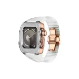 Серебряное кольцо, розово-золотой корпус, прозрачный ремешок.