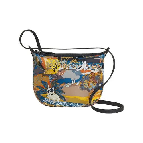 HERMES Шелковистый шелк с Swift телячья кожа через плечо одно плечо косметичка женский темно-синий и янтарно-желтый