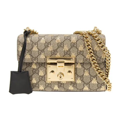 GUCCI Навесной замок Холст с кожей Замок Сумка Сумка для коробок Сумка с цепочкой Сумки через плечо Сумка через плечо Женская Эбеновый