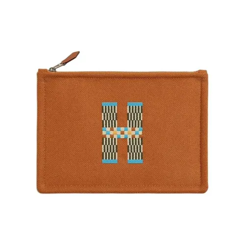 HERMES Flat H Natte Хлопок Клатч Маленький Женский Коричневый