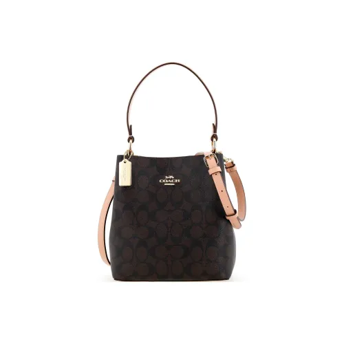COACH Town Кожа Ведро Сумка Сумка через плечо Сумка Маленькая Женская Коричневая Плечевой ремень с Розовым оттенком