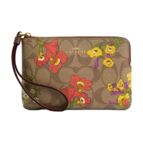 COACH Corner Zip Водонепроницаемый Холст с Переработанной Кожей Клатч Маленький Женский Золотой Хаки Многоцветный