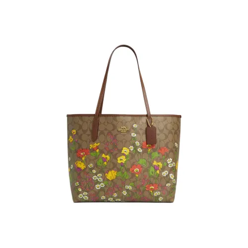 COACH City Canvas Tote Bag Shopping Bag Shoulder Bag Large Women's Gold Khaki Multicolor COACH City Canvas Тот Сумка Сумка для покупок Сумка на плечо Большая Женская Золотая и Хаки и Многоцветная