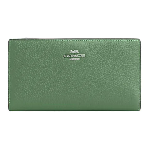 COACH Slim Wallet Утонченный Каменная Кожа Кошелек Маленький Женский Серебряный и Светло-Зеленый